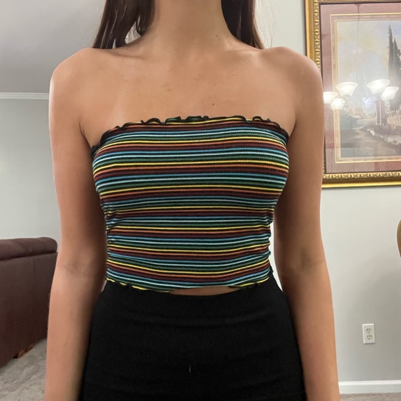 EUC Rainbow Striped Frilled Edge Crop Tube Top - Picture 2 of 5